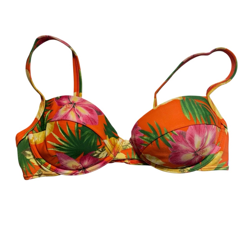 Vintage 90s Orange Tropical Floral Flower Hawaiian Padded Bikini Top Medium